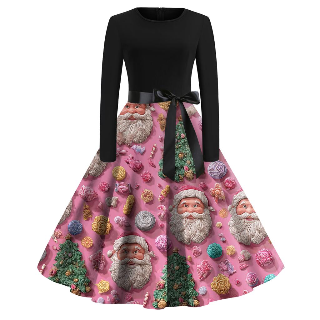 Women's Fashion Casual Round Neck Christmas Print Long Sleeve Dress