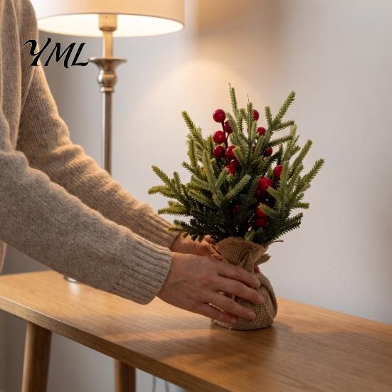Miniature Tree for Office Desktop Christmas with Red Berries, Artificial Mini Pine Burlap Base, Tabletop Faux Small Potted Holiday Party Home