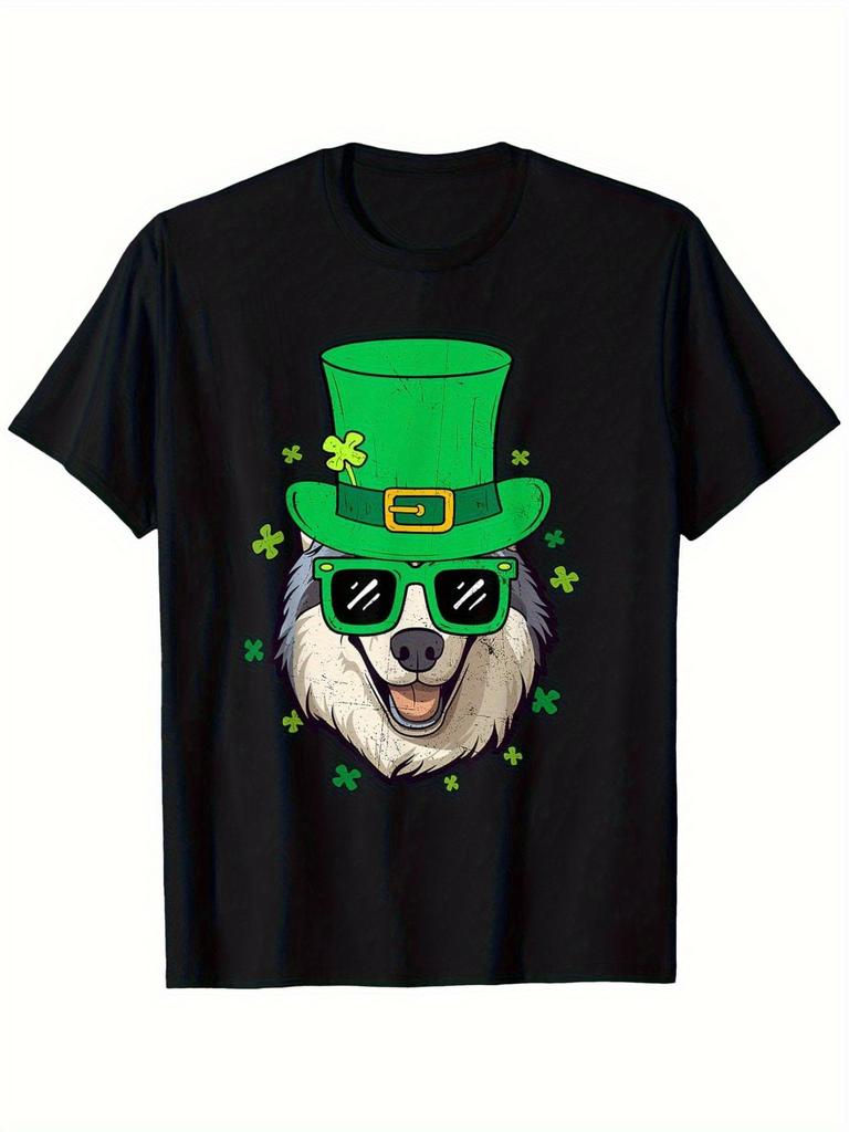 Husky Leprechaun St Patricks Day Graphic T-Shirt Cotton Crewneck Short Sleeve Tee for Men Women