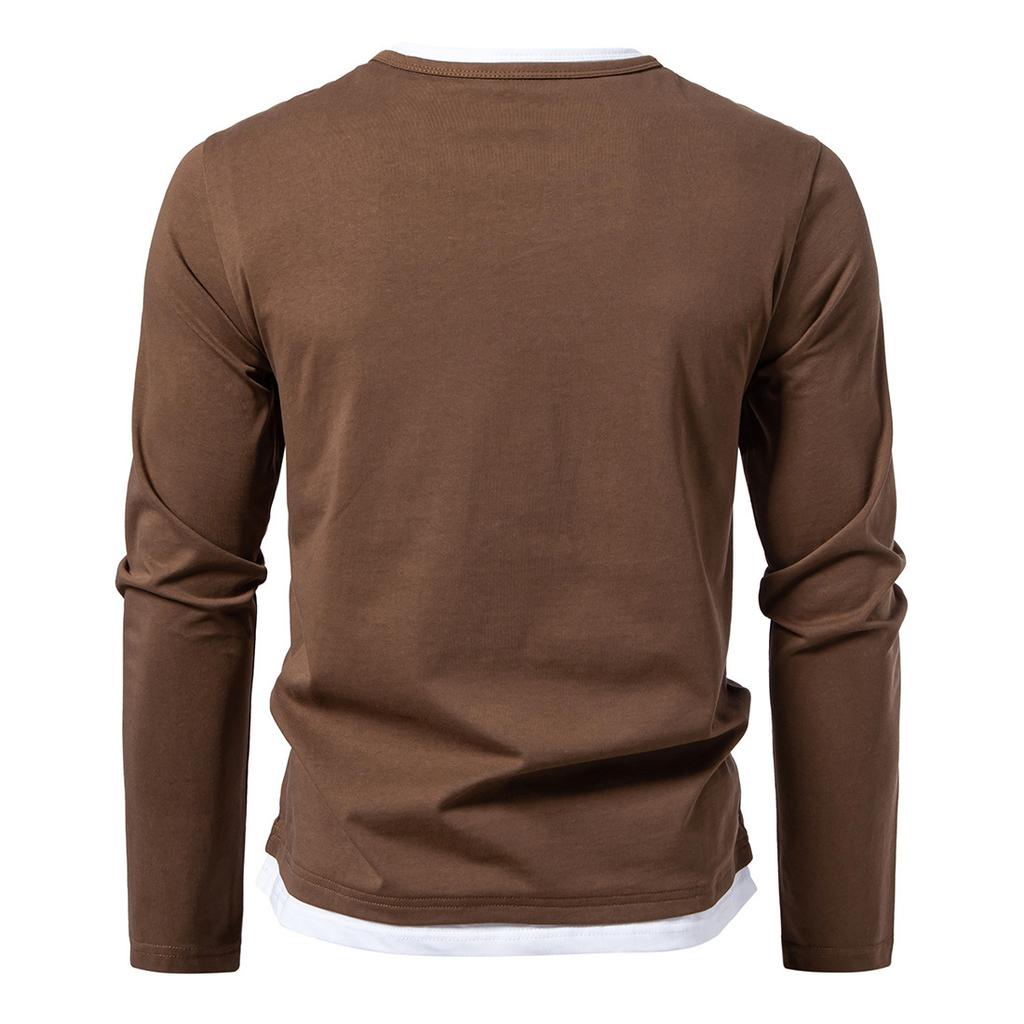 Men Fake Two Piece V Neck Long Sleeve T Shirt Autumn Winter Fashion Patchwork Plus Size Basic Tee Tops