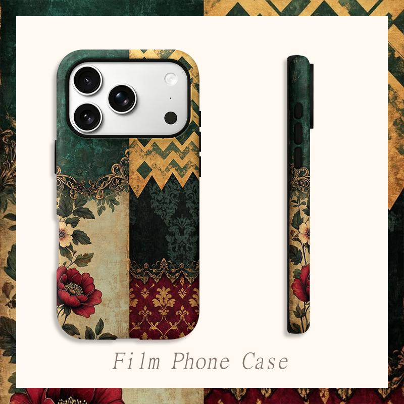 Noble Green Gold Baroque Patchwork Floral Art Graphic Film Aesthetic Protective Shockproof Bumper Case For iPhone 13 14 15 16 17 Pro Max Plus