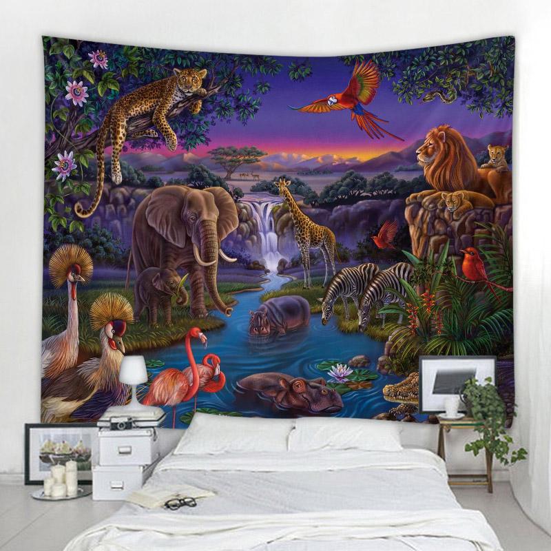 African Jungle Wild Animal Tapestry Rainforest Theme Wall Hanging Safari Animals Giraffe Elephant Tapestries For Boys Adults