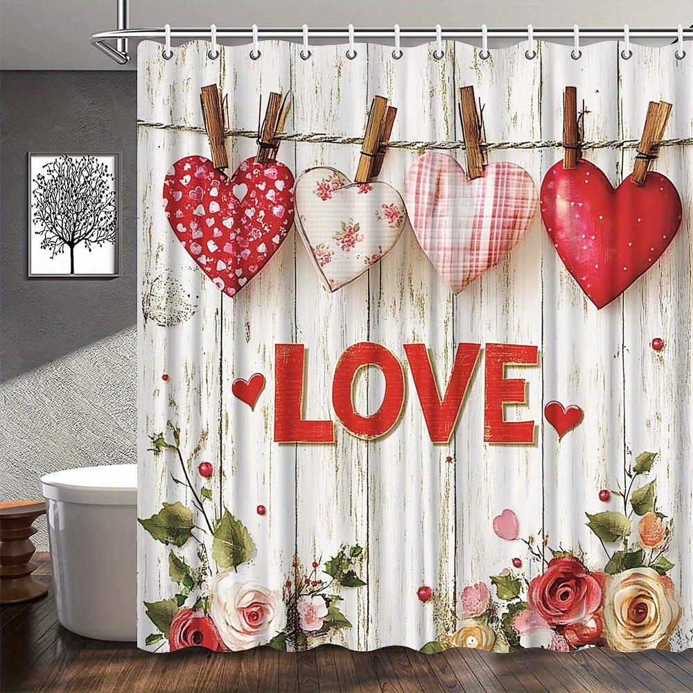 

1Pc Vintage-Style Shower Curtain - Romantic Theme, Distressed Wood, Hearts, Love , Pink Roses, 70X70 , Polyester, 12 Hooks W60H190(CM)-1 Pcs