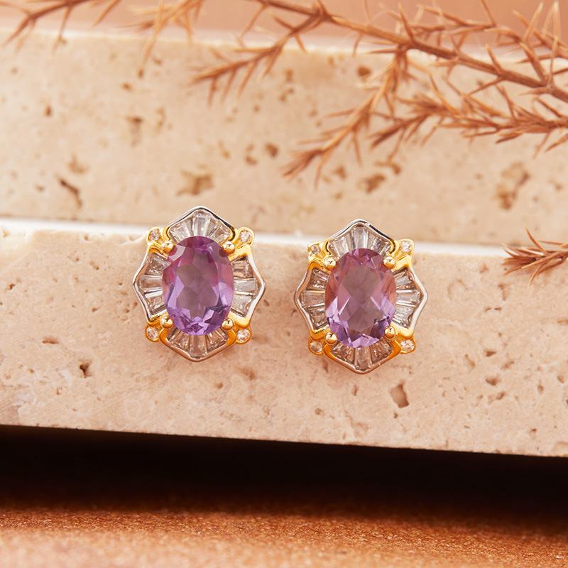 S925 Sterling Silver Color Treasure Stud Earrings Women'S Natural Topaz Garnet Amethyst Citrine Ear Jewelry