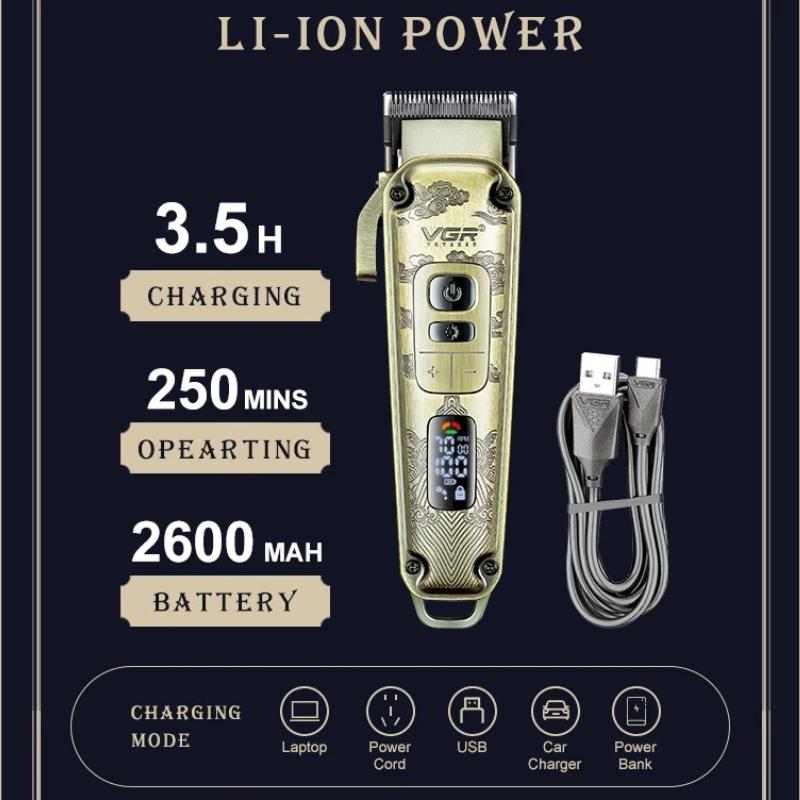 VGR V-005 Metal Hair Trimmer Retro Electric Clipper Carved Hair Clipper Haircut Machine Cordless Trimmer Digital Display Hair Trimmer Oil Head Clipper