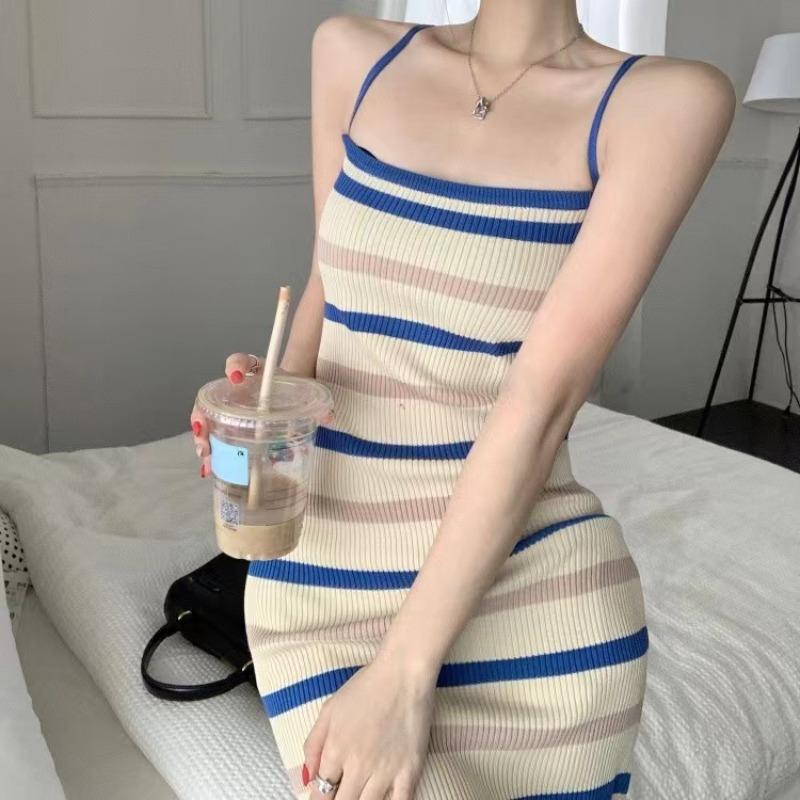 Elegant Camisole Dress Women's Summer New Sleeveless Slim Knitted Striped Midi Dress