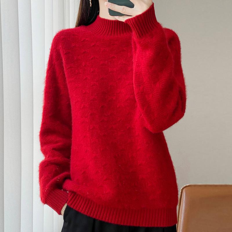 Women's Thickened Wool Half-High Collar Cable Knit Sweater - Loose, Versatile Long Sleeve Cashmere Knitwear