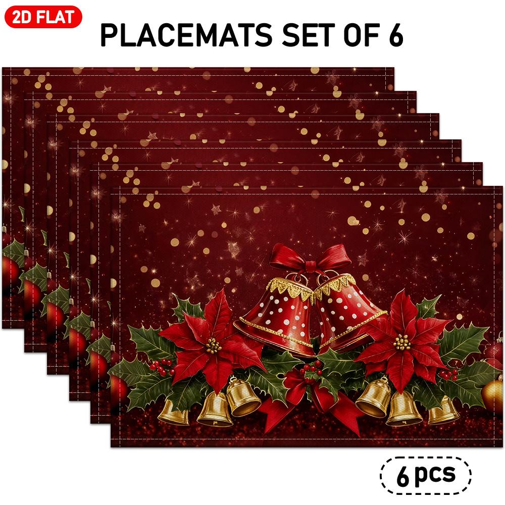 4/6pcs, Christmas Themed Placemats, Red Background with Golden Bells, Poinsettia Flowers, Green Holly Leaves And Golden Star Patterns, Suitable for Ho