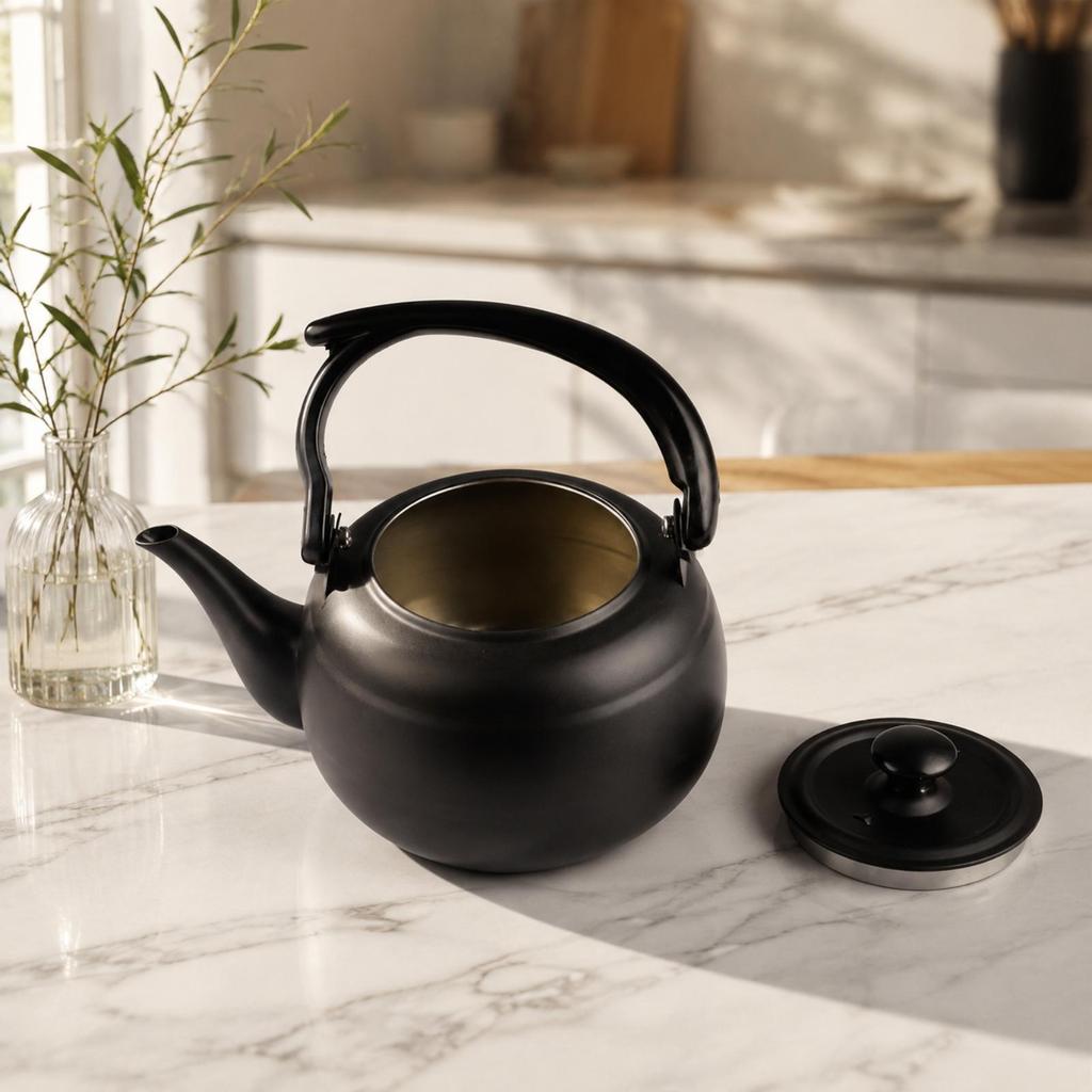 Black Stainless Steel Teapot Polished Rounded Stovetop Kettle Comfortable Grip