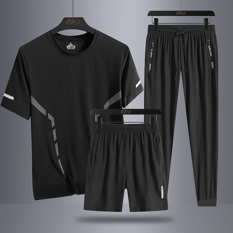 Men's Summer Simple Ice Silk Trendy Personalized Three Piece Set with Round Neck T-shirt Shorts Pants Loose Sports Set