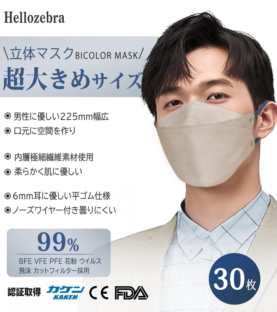 Large 3D Face Masks Suit Colors New Diamond Small Face 3D Japan Kaken Nose Easy Gentle on No Ear Individually 225mm Large 30 Greige x Navy [Standard &