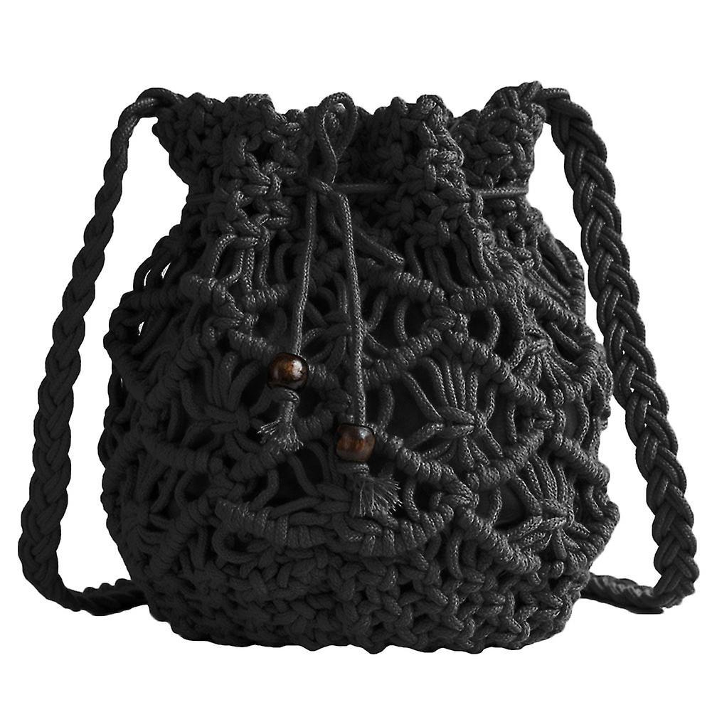 Women Drawstring Bucket Bag Straw Shoulder Summer Beach Woven PU Bags