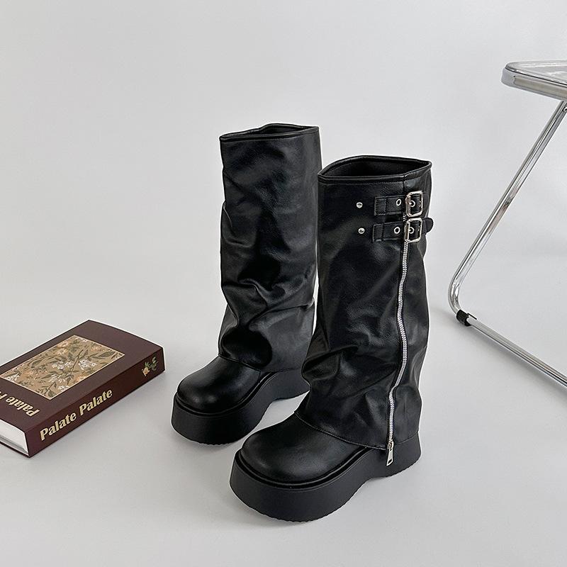 Fashion big-headed pants boots stacking boots knight boots spring and autumn thick-soled leather boots but knee-high boots shoes women