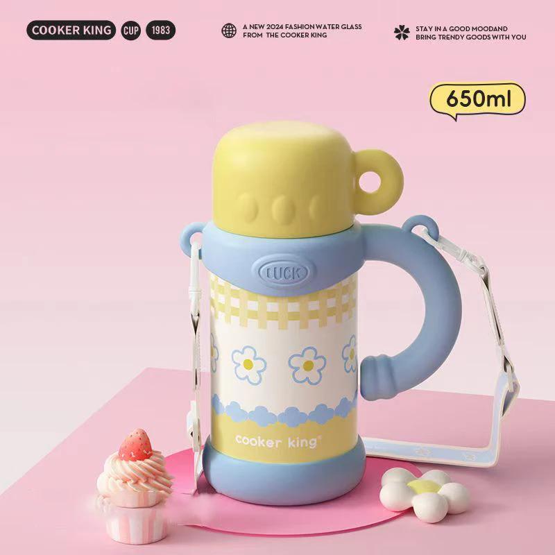 COOKER KinG Large Capacity Thermos Cup Student Straw Cup with Handle Stainless Steel Coffee Mug Outdoor Travel Water Bottle