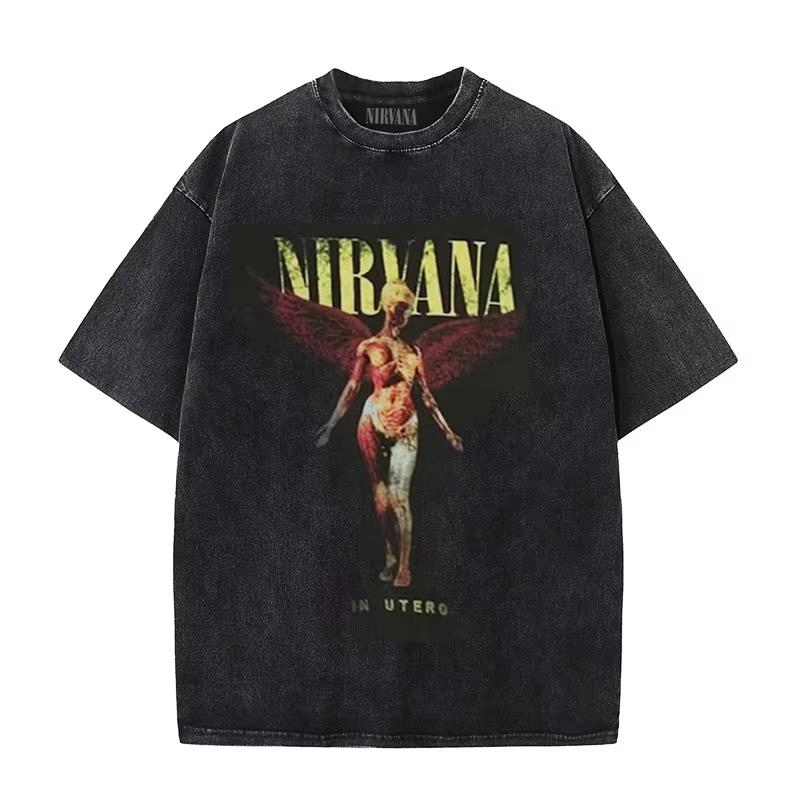 Nirvana band rock uomo Retrò cotone Lavato T-shirt Album In Utero uomo Donna oversize YK strappata T-shirt Casual Larga streetwear