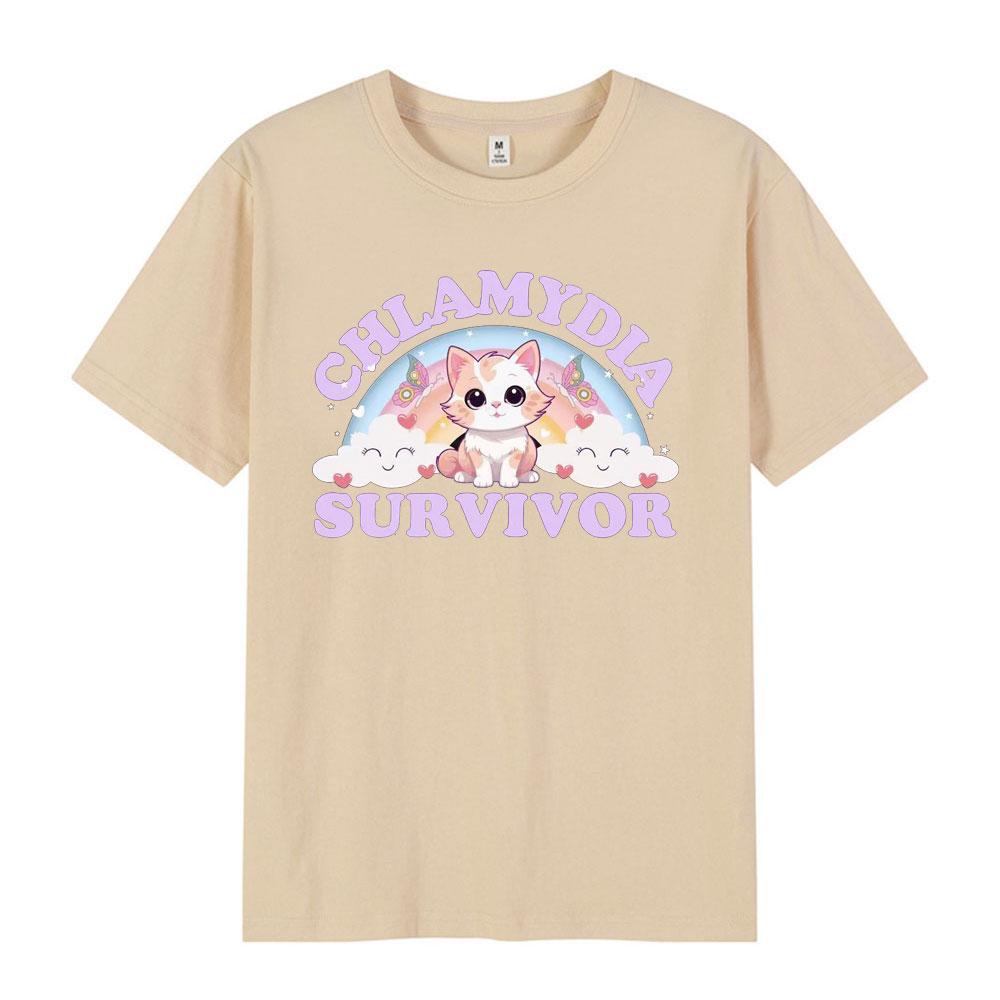 Chlamydien Überlebender T-Shirt Lustiges Katzen-Meme 100% Baumwolle T-Shirt Unisex Wounisex Locker Lässig Rundhals Unisex Einfache T-Shirts Übergroßes Oberteil