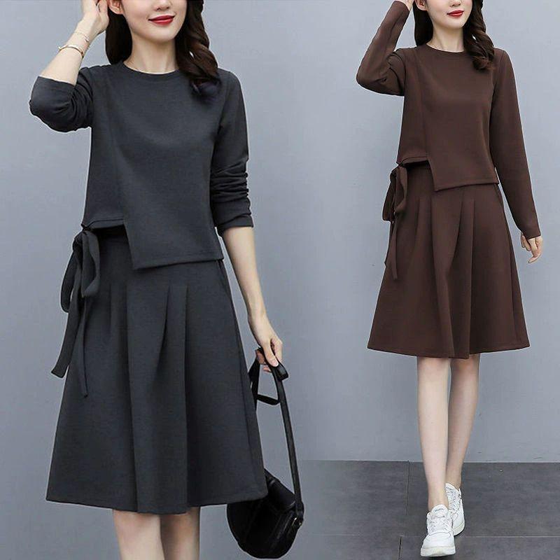 Women's Loose-Fit Two-Piece Set Long-Sleeve Pullover Top and Skirt