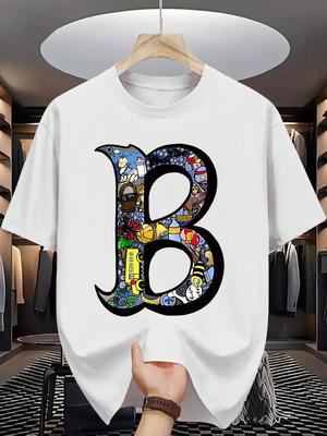 T-shirt d'été pour homme 100% coton sport décontracté tendance ample grande taille créatif imprimé lettre B col rond manches courtes top