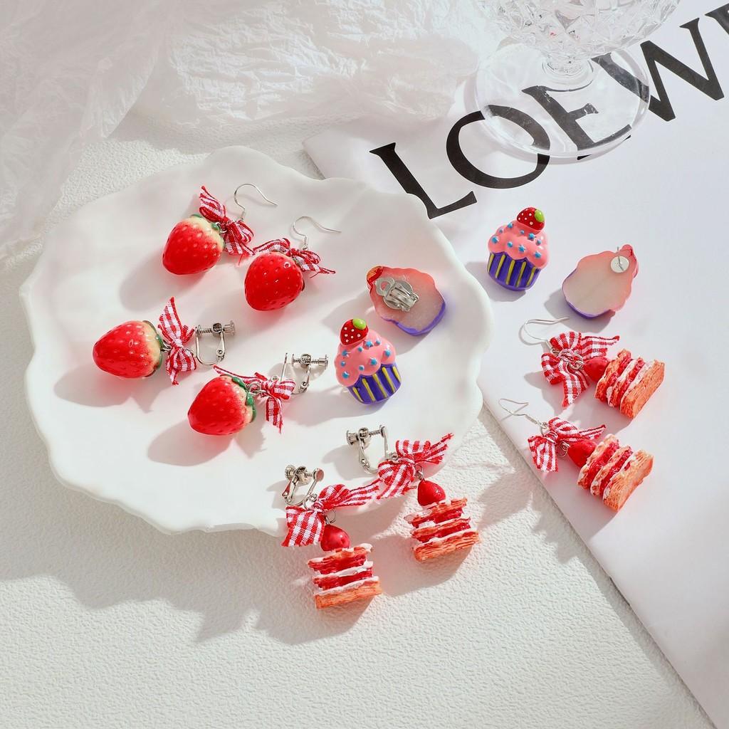 Strawberry Cake Earrings Adorable Girls Sweet Bow Design Non Pierced Ear Clips