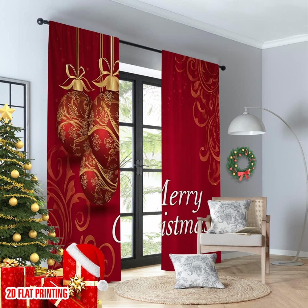 2pcs 2D flat printing Christmas Hot Party Curtains Christmas card red trinket print Digital Printed Polyester Drapes Party
