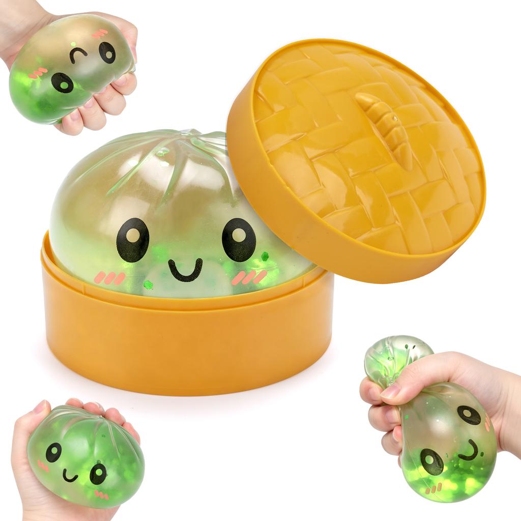 Simulated Steamed Buns Squishy Rebound Soft Squeeze Stress Ball with Bamboo Steamer Box Anti-Stress Toy Sensory Creative Gift