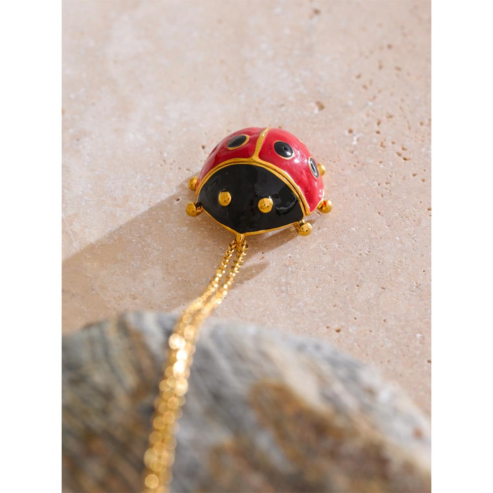 Yhpup Trendy Red Enamel Ladybird Insect Pendant Necklace 18K Golden PVD Plated Popular Fashion Jewelry Waterproof