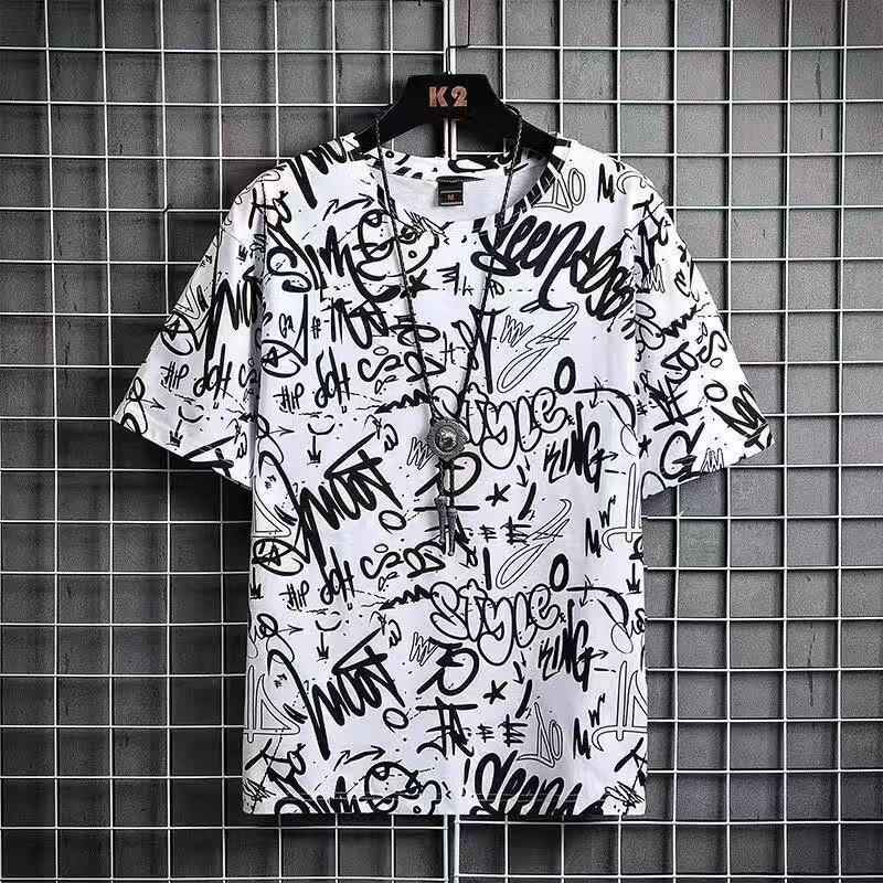 Vankex Men's Trendy Creative Print Loose Round Neck Five-Point Sleeve T-Shirt
