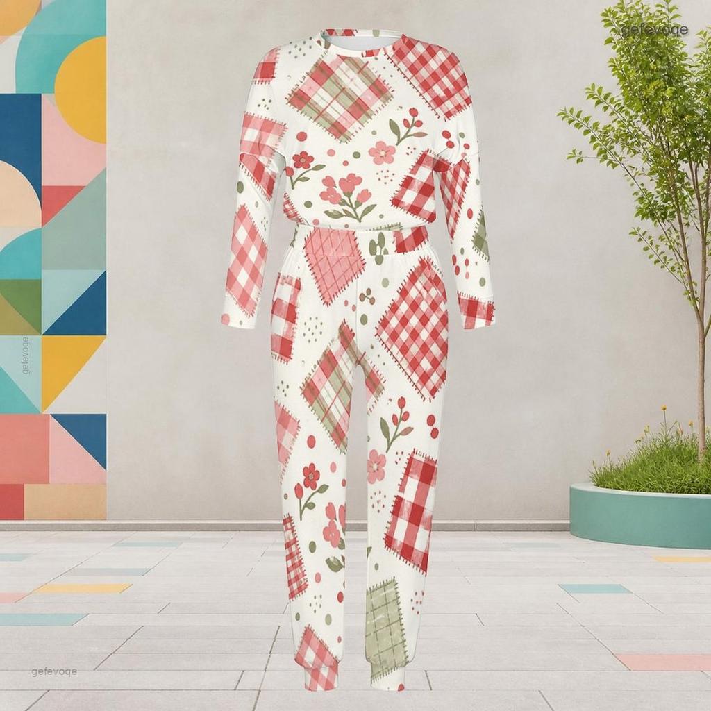 Women Plus Size Round Neck Long Sleeve Red White Plaid Printed Pocketed Cuffed Top Cuffed Pants Two Piece Set