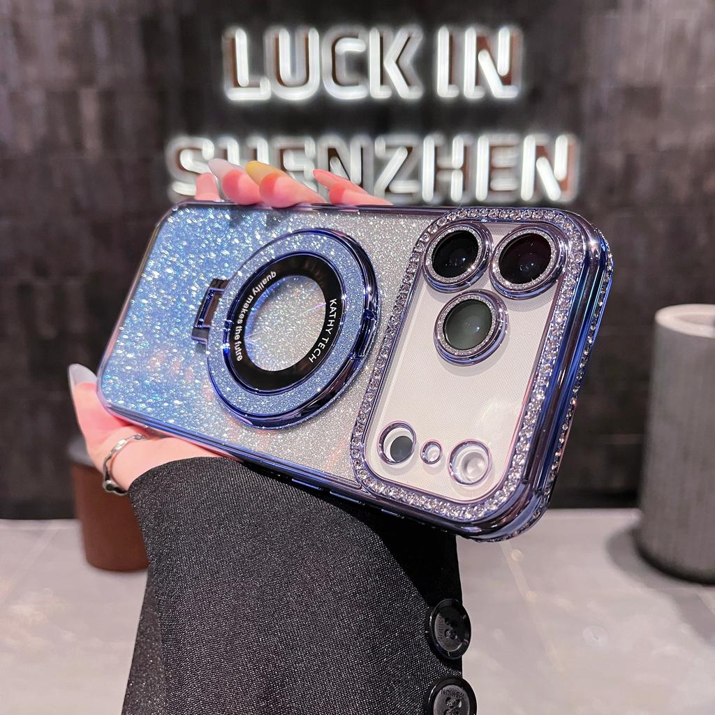 For iPhone 17Pro Max Luxury Glitter Stand Holder Plating Flash Diamond Frame Phone Case For iPhone 17Air 11 12 13 14 15 16 Plus Cover