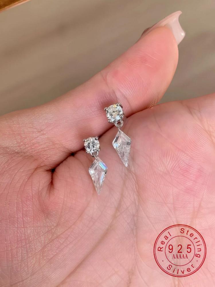 

925 Sterling Silver Drop Earrings, Sparkling CZ Zircon Rhombus Dangle Stud Earrings for Women, Hypoallergenic Fine Jewelry Gift Silver