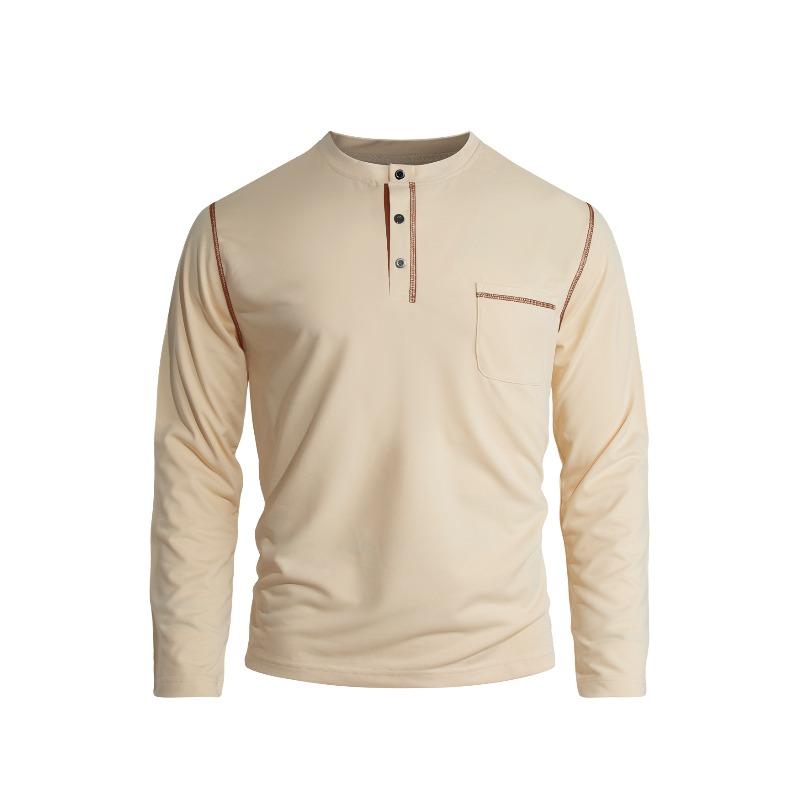 Men's Solid Color Stand Collar Henley Shirt, Long Sleeve Business Casual Sports Top, Spring Summer Daily Versatile Pullover T-Shirt