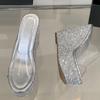 Fashion Eilyken Summer PVC Transparent Open Toe Women Slippers Bling Sequin Cloth Platform Wedges Heels Banquet Party Shoes
