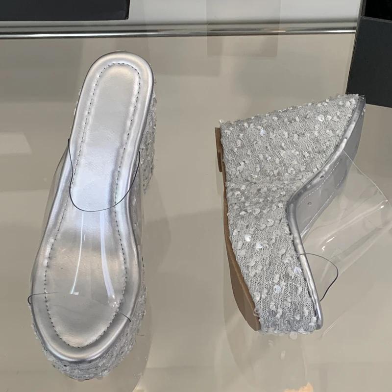 Fashion Eilyken Summer PVC Transparent Open Toe Women Slippers Bling Sequin Cloth Platform Wedges Heels Banquet Party Shoes
