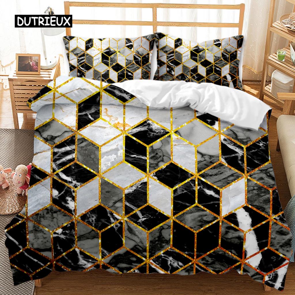 Marble Duvet Cover Set Black White Gold Abstract Marble Texture Printed Black White Double Queen King Size Polyester Bedding Set