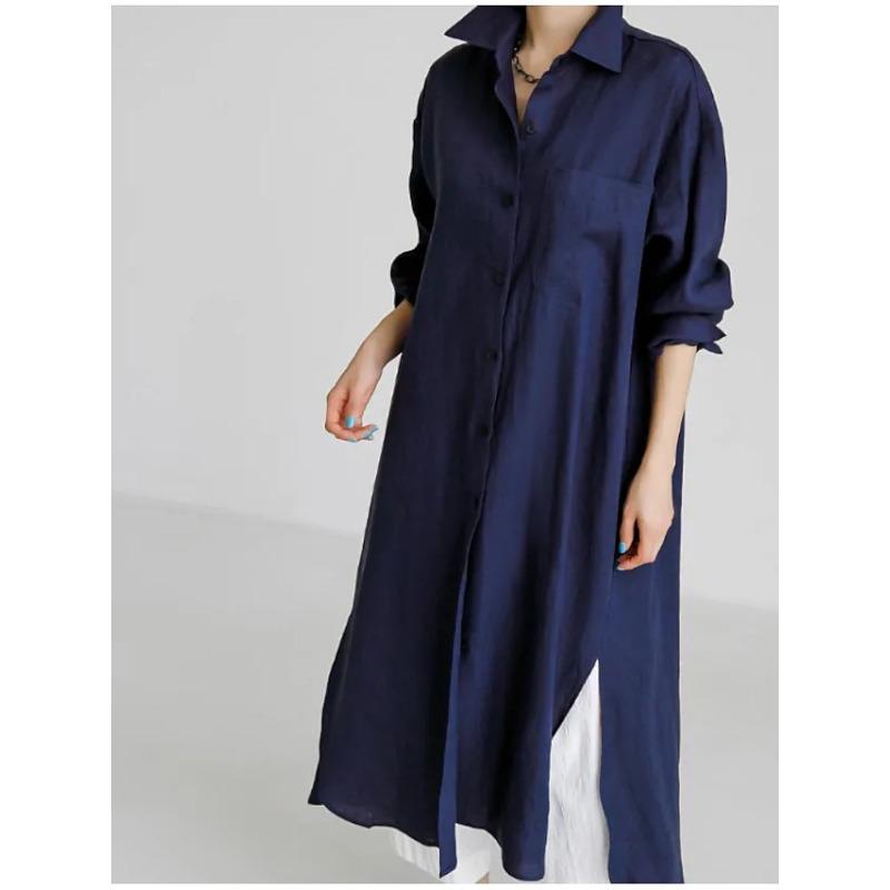 Robe Chemise Longue Décontractée Irrégulière à Manches Longues de Couleur Unie pour Femme