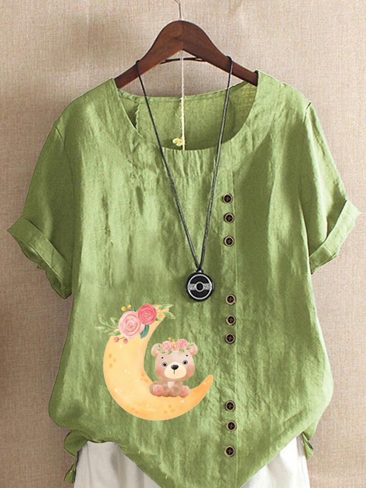 

Women s Fashion Crescent Bear Print Casual Cotton Linen Short Sleeve Round Neck T-shirt Shirt Leisure Loose Summer Blouse Tops 5XL зелений