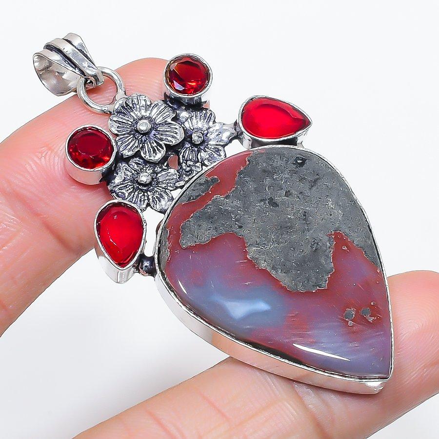 Natural Bloodstone, Garnet 925 Sterling Silver Jewelry Pendant 2.56" A9S74