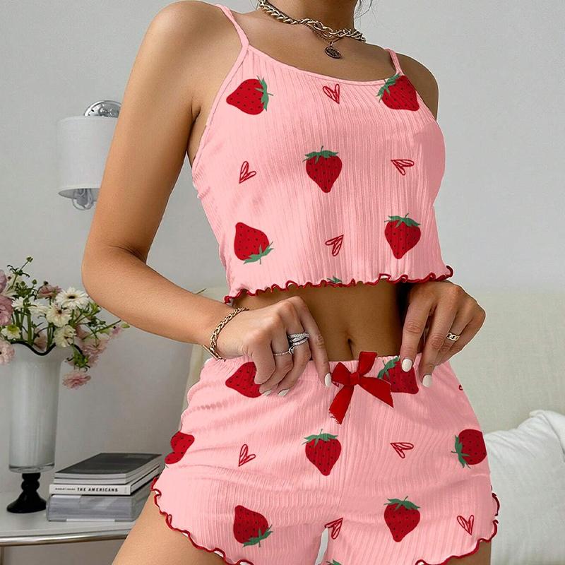 Women's Strawberry Printed Pajama Set Ice Silk Camisole Vest and Shorts Casual Home Pajama Set 2 Pcs
