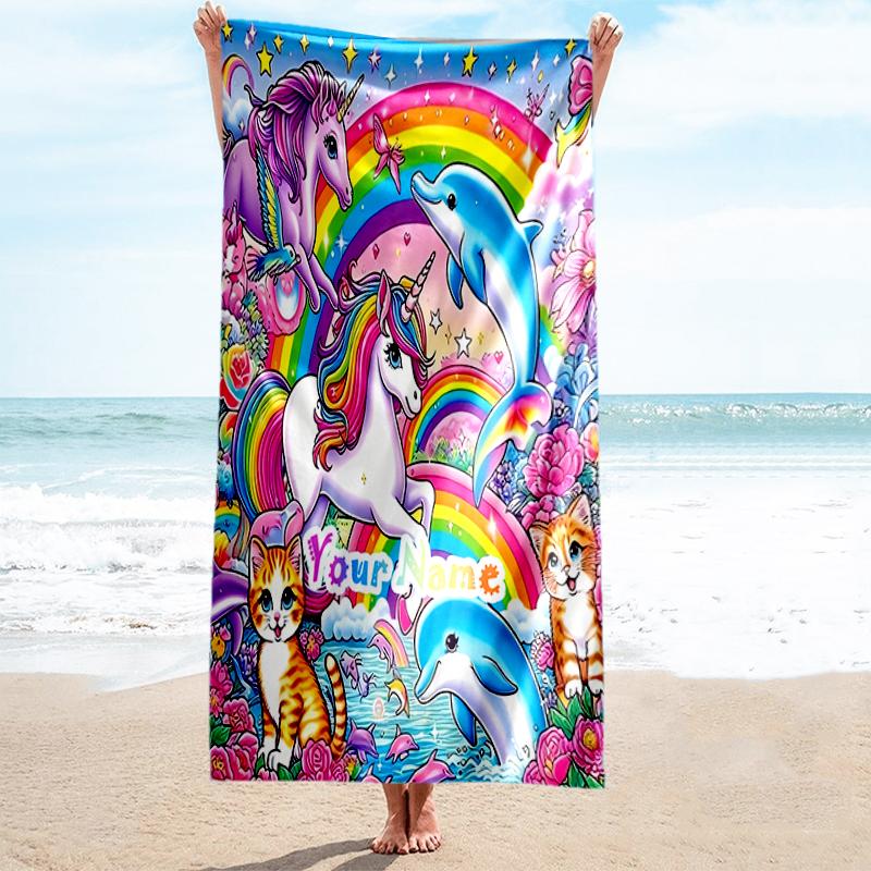 1PC Custom Name Rainbow Fantasy World Beach Towel Highly Absorbent And Sand-Resistant Towel for Swimming, Pool, Yoga, And Travel Lightweight