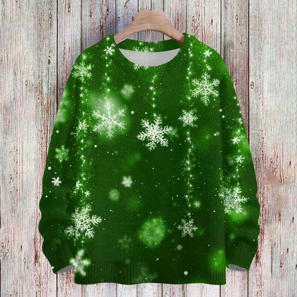 Ladies' Fashionable And Casual Christmas Cute Printed Round Neck Long Sleeved Knitted Yarn