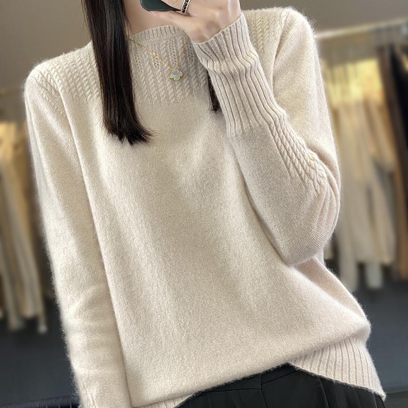 Women's Pure Wool Hollow-Out Sweater - Autumn/Winter Short Style, Round Neck, Stylish Knit Design, Textured Base Layer 100