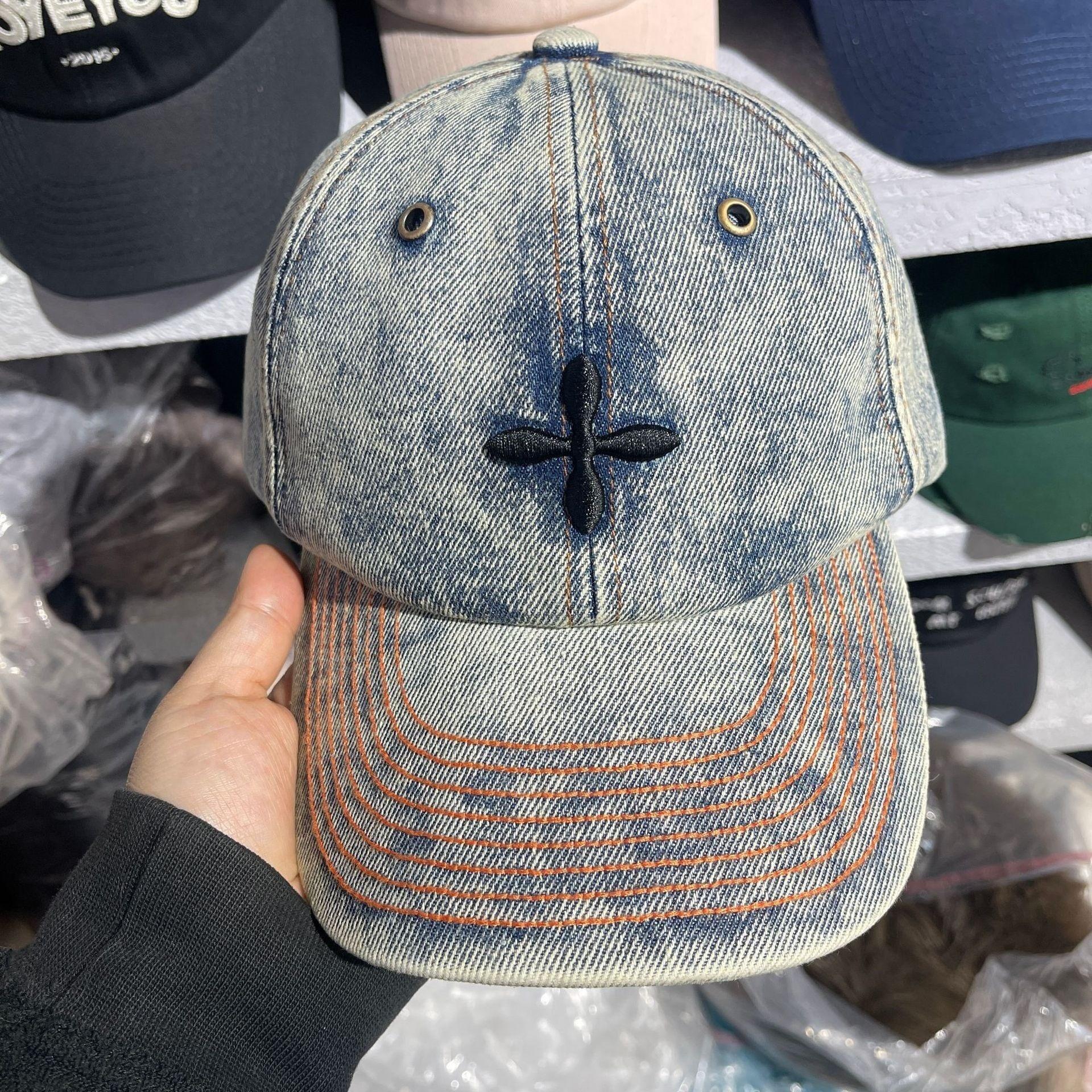 Smfk cross denim baseball cap - four colors, embroidered, distressed casual cap, adjustable cotton baseball cap adjustable