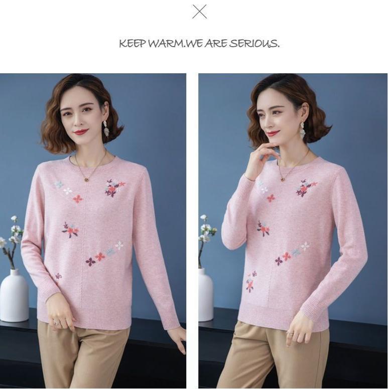 Women's Crew Neck Sweater Embroidered Loose Pullover Knitwear Soft Stretch Knit Top Spring Autumn
