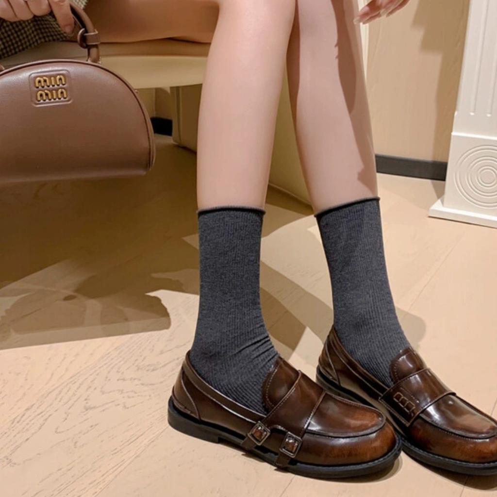 Retro polished brown round head small leather shoes British style one pedal thick heel loafers 2025 new women's single shoes autumn