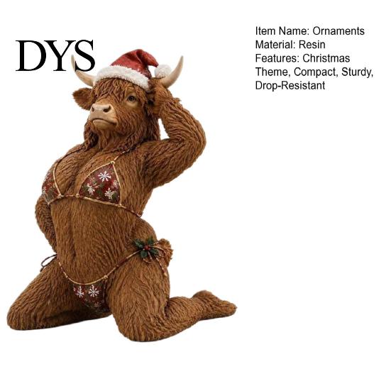 Small Xmas Desk Statue Funny Christmas Highland Cow Figurine, Sexy with Santa Hat Festive Desktop Decorations & Bikini, Creative Tabletop Ornament for