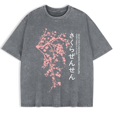 Japan Cherry Blossom Printed Washed T-Shirts Mens Cotton Oversize T Shirt Casual O-Neck Short Sleeve Tops Clothes