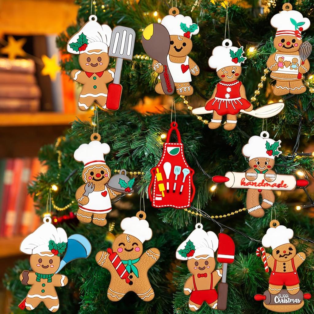 12pcs Gingerbread Man Ornaments for Christmas Tree, Assorted Plastic Gingerbread Figurines Ornaments, Christmas Tree Hanging Decorations, 3 Inch Tall