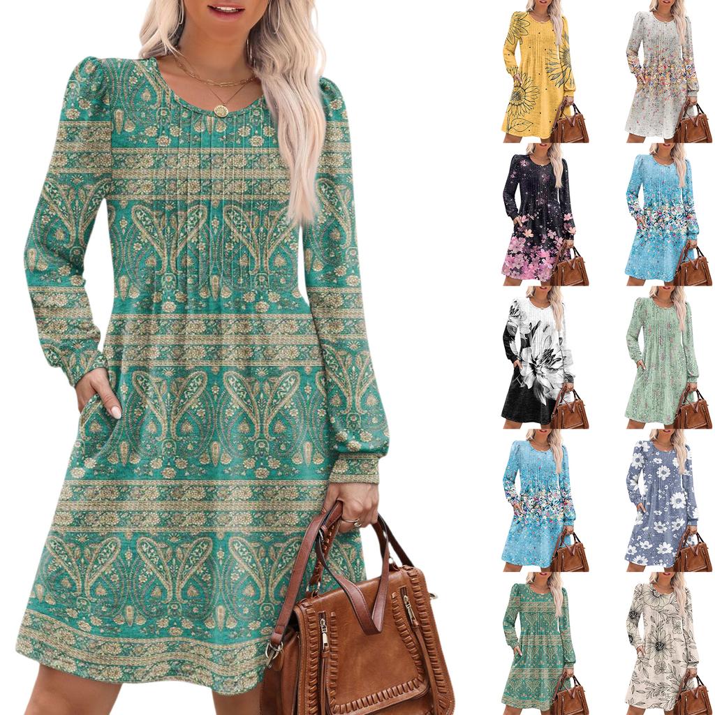 Women's Long Sleeve Pleated Round Neck Floral Print Casual Dress With Pockets