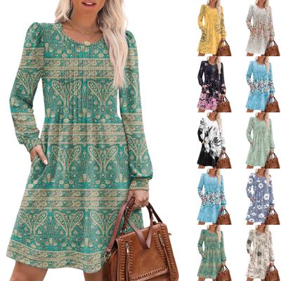 Γυναικείο Casual Φόρεμα με Μακριά Μανίκια, Πλισέ, Στρογγυλή Λαιμόκοψη και Floral Εκτύπωση, με Τσέπες