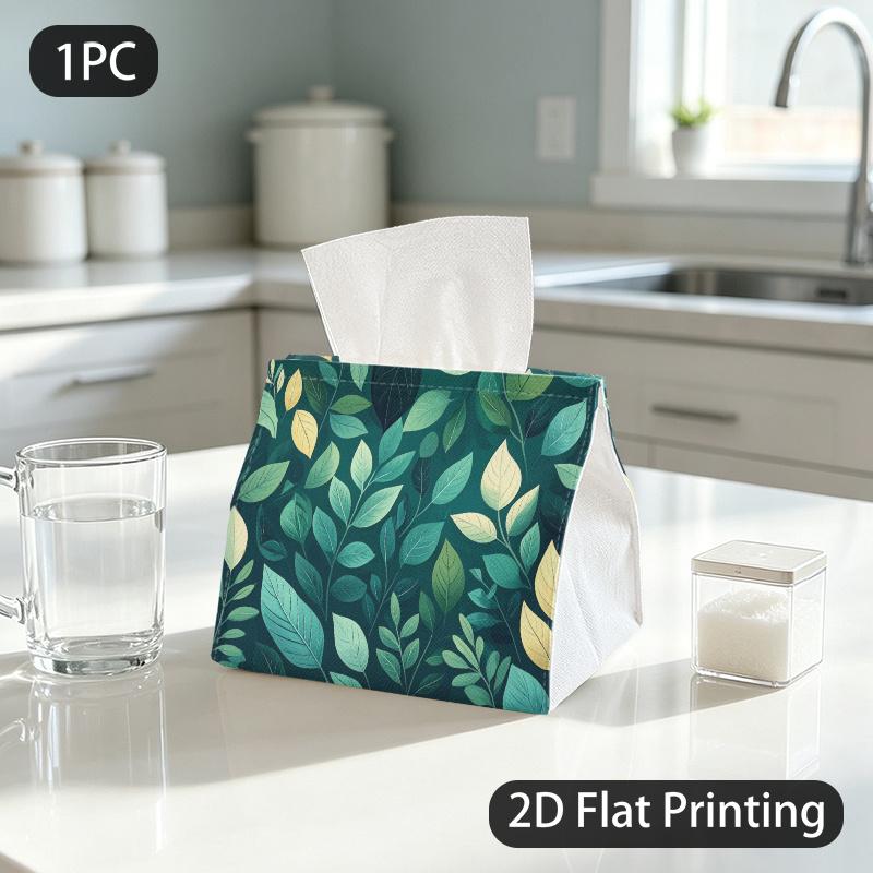 1pc Tissue Box, Natural Style Green Leaves Fresh Serenity Pattern, 2D Flat Printing, Crafted with Strong Polyester, Easy To Carry, Tissue Pouch, for D
